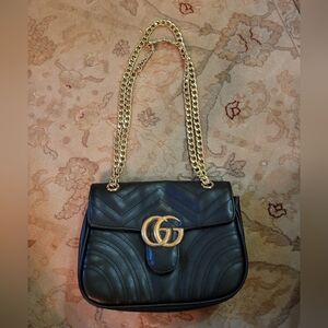 Dhgate GG Black Leather Shoulder FASHION Bag with Gold Chain